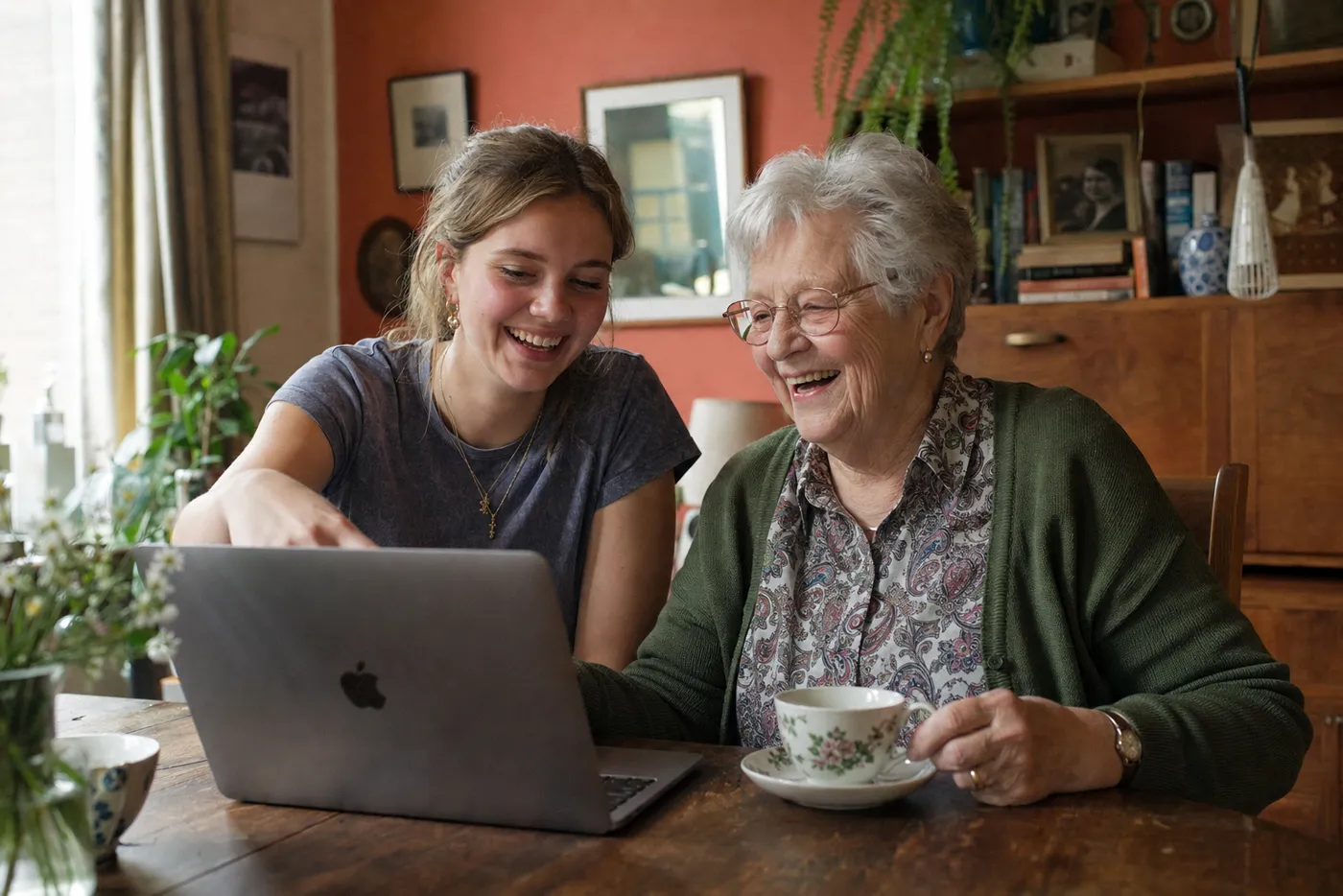 Marijke laughing together with a young student as they look at a laptop together at the dining table