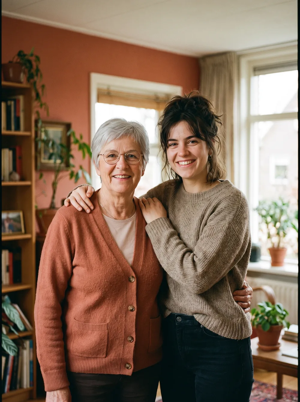 A senior woman and her student housemate smiling together, arms around each other, in a warm living room with a terracotta wall