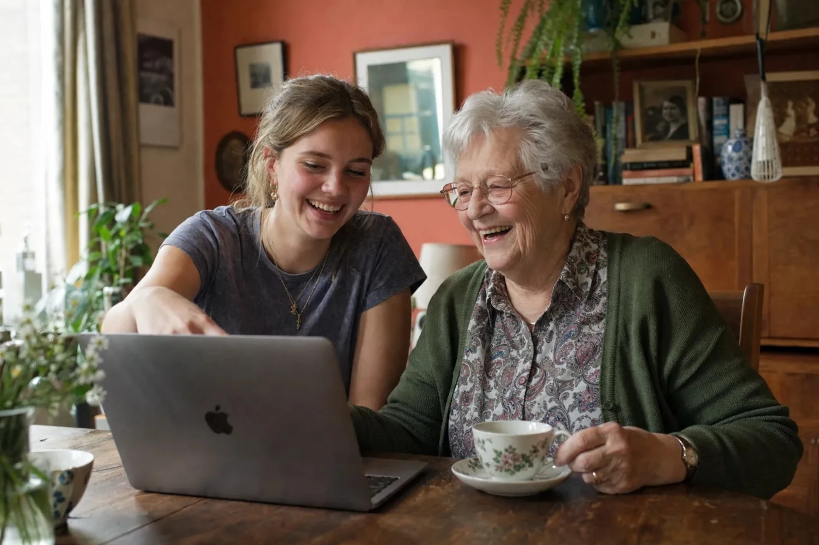 A student and her older housemate laughing together over a laptop at the kitchen table, tea cups nearby